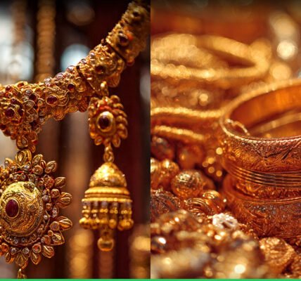 ഒരു സ്വർണ്ണക്കട്ടി, അതിന് മുകളിൽ ഒരു സ്വർണ്ണ നാണയം. പശ്ചാത്തലത്തിൽ സ്റ്റോക്ക് മാർക്കറ്റ് ചാർട്ടുകൾ