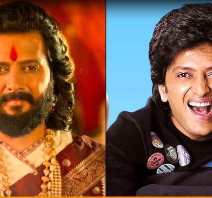 ഒരു മഹാരാഷ്ട്ര രാജാവിൻ്റെ വേഷത്തിൽ Riteish Deshmukh-ന്റെ മുഖം വ്യക്തമാക്കുന്ന രാജകീയ പോസ്റ്റർ.