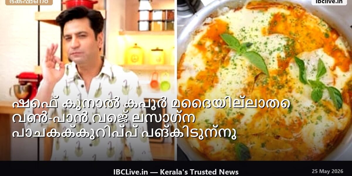 പശ്ചാത്തലത്തിൽ ഒറ്റ പാൻ ഉള്ള വെജ് ലസാഗ്നയുടെ രുചികരമായ പ്ലേറ്റ്