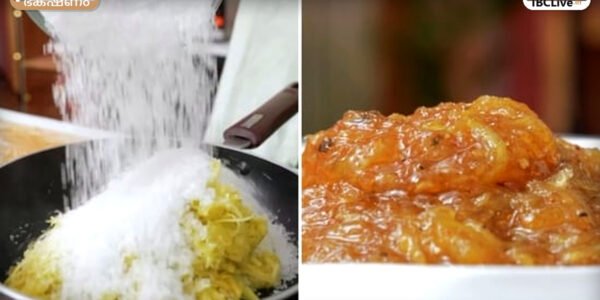 ഷെഫ് കുനാൽ കപൂർ മാമ്പഴത്തോടൊപ്പം ചിരിക്കുന്നു, ഒരു പാത്രത്തിൽ മാങ്ങ ചുണ്ടയും കാണാം.