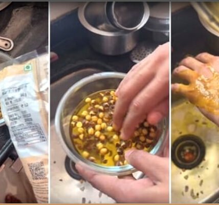 പാചകം ചെയ്യുന്നതിന് മുമ്പ് മഞ്ഞ ഡൈ കലർന്ന കച്ച കടല കഴുകുന്ന ഒരാൾ