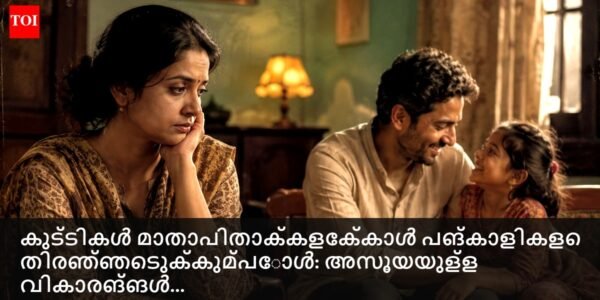 ഒരു അമ്മയും കുട്ടിയും ഒരു സോഫയിൽ ഒരുമിച്ച് ഇരിക്കുന്നു, പിന്നിൽ കളിപ്പാട്ടങ്ങളുമായി കളിക്കുന്ന പിതാവിനൊപ്പം, പിരിമുറുക്കവും അസൂയയും അറിയിക്കുന്നു.