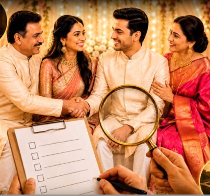 ഒരു യുവതിയും യുവാവും പരസ്പരം നോക്കി ചിരിക്കുന്നു, സന്തോഷം നിറഞ്ഞ വിവാഹ അന്തരീക്ഷം