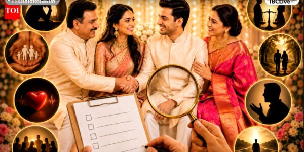 ഒരു യുവതിയും യുവാവും പരസ്പരം നോക്കി ചിരിക്കുന്നു, സന്തോഷം നിറഞ്ഞ വിവാഹ അന്തരീക്ഷം