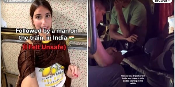 തിരക്കേറിയ ട്രെയിനിൽ അസ്വാസ്ഥ്യമായി കാണപ്പെടുന്ന ഒരു സ്ത്രീ
