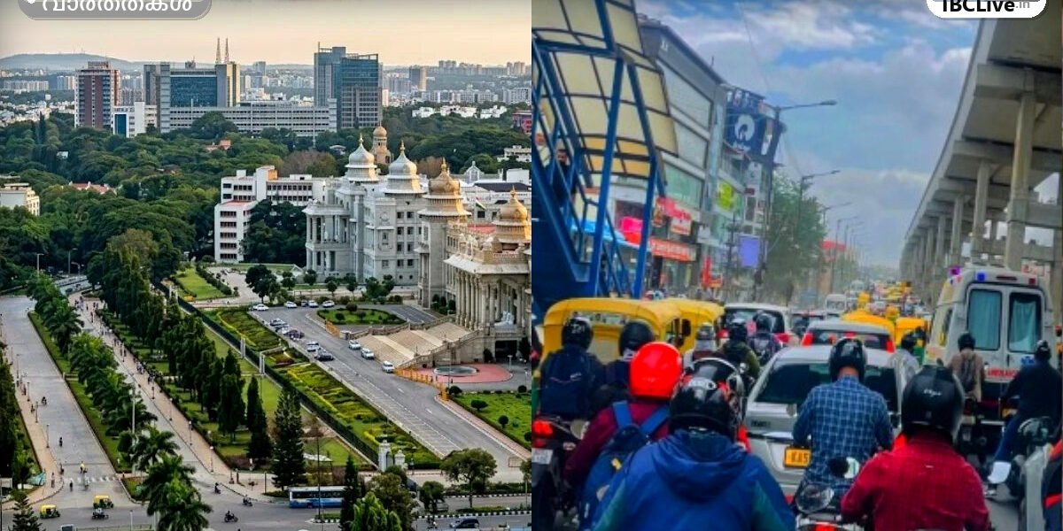 ബെംഗളൂരു കെംപഗൗഡ അന്താരാഷ്ട്ര വിമാനത്താവളത്തിലേക്കുള്ള ട്രമ്പറ്റ് റോഡ് ഫ്ലൈഓവറിന്റെ മനോഹരമായ കാഴ്ച, വാഹനങ്ങൾ നിരന്നു കിടക്കുന്നു.
