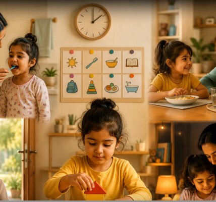 ഒരു കുട്ടി പുസ്തകങ്ങളും കളിപ്പാട്ടങ്ങളുമായി ചിട്ടയോടെ ഇരിക്കുന്ന ചിത്രം.
