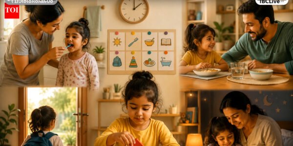 ഒരു കുട്ടി പുസ്തകങ്ങളും കളിപ്പാട്ടങ്ങളുമായി ചിട്ടയോടെ ഇരിക്കുന്ന ചിത്രം.